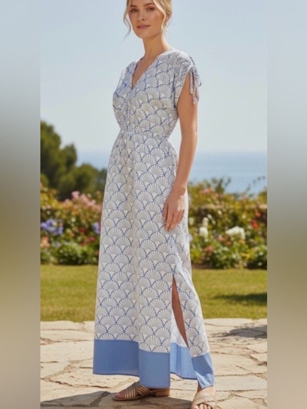 J McLaughlin Etta Maxi dress Coverup NWT Size M Shell Pattern Blue & White